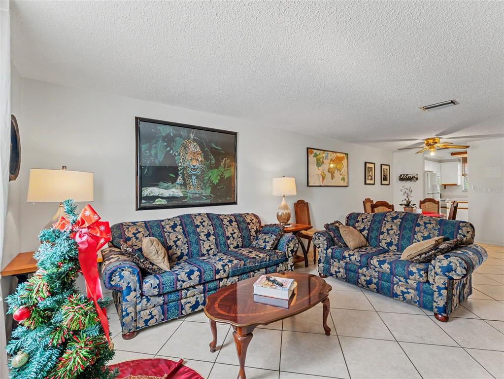 A living room features two patterned blue sofas, a wooden coffee table, and tile flooring — 6340 E PROVIDENCE CIRCLE UNIT 204, NEW PORT RICHEY, FL