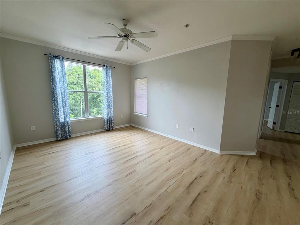 An empty room features light wood-look flooring, gray walls, a ceiling fan, and two windows — 5612 PINNACLE HEIGHTS CIRCLE UNIT 302, TAMPA, FL