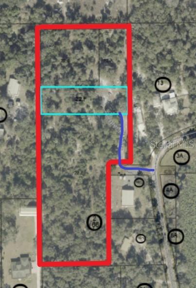 This is an aerial map showing a property boundary outlined in red with a blue path — 000 CULVER WAY, GENEVA, FL