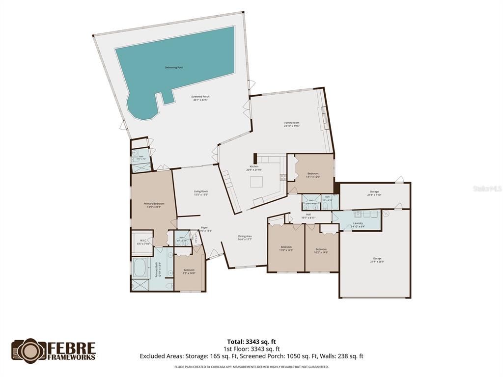 This is a floor plan for a single-story house featuring a swimming pool and garage — 5804 AINSWORTH COURT E, TAMPA, FL