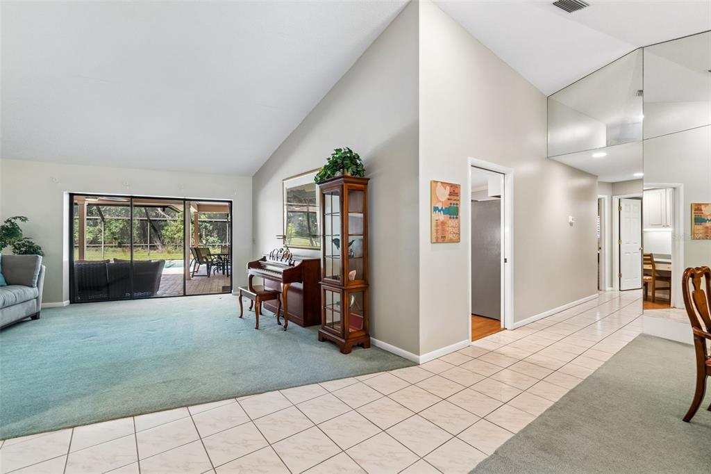 A living room with vaulted ceilings, a piano, a display cabinet, and sliding glass doors — 5804 AINSWORTH COURT E, TAMPA, FL
