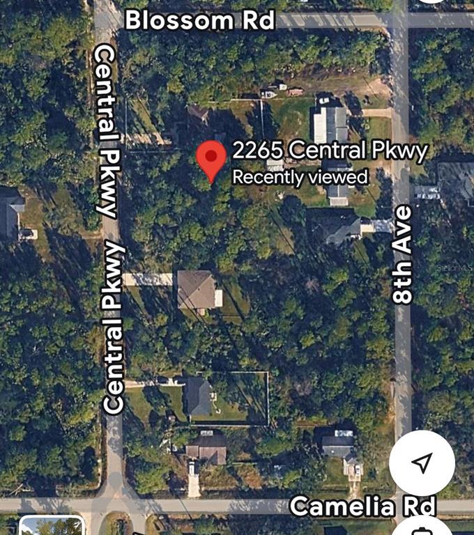 This is an aerial map view showing a residential property located between two streets — 2265 CENTRAL PARKWAY, DELAND, FL
