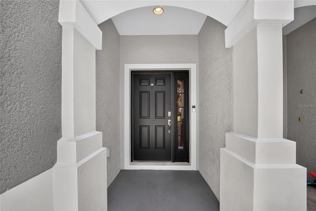 A covered entryway features a black front door with a side light and gray walls — 10137 PINK PALMATA COURT, RIVERVIEW, FL