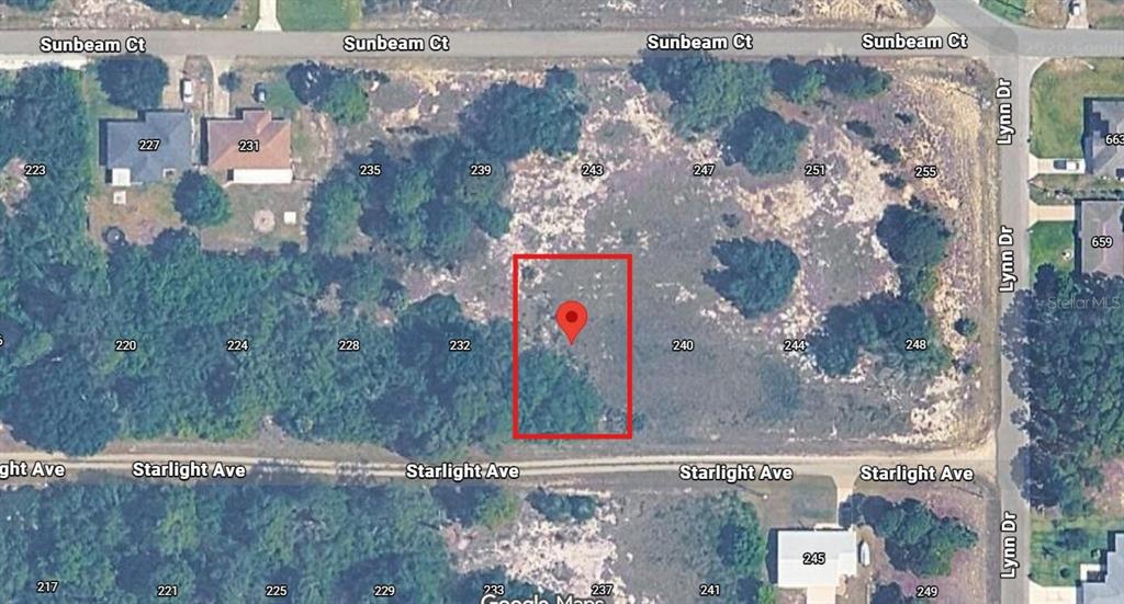 This aerial map shows a vacant rectangular lot highlighted in red between two streets — 236 STARLIGHT AVENUE, LAKE PLACID, FL