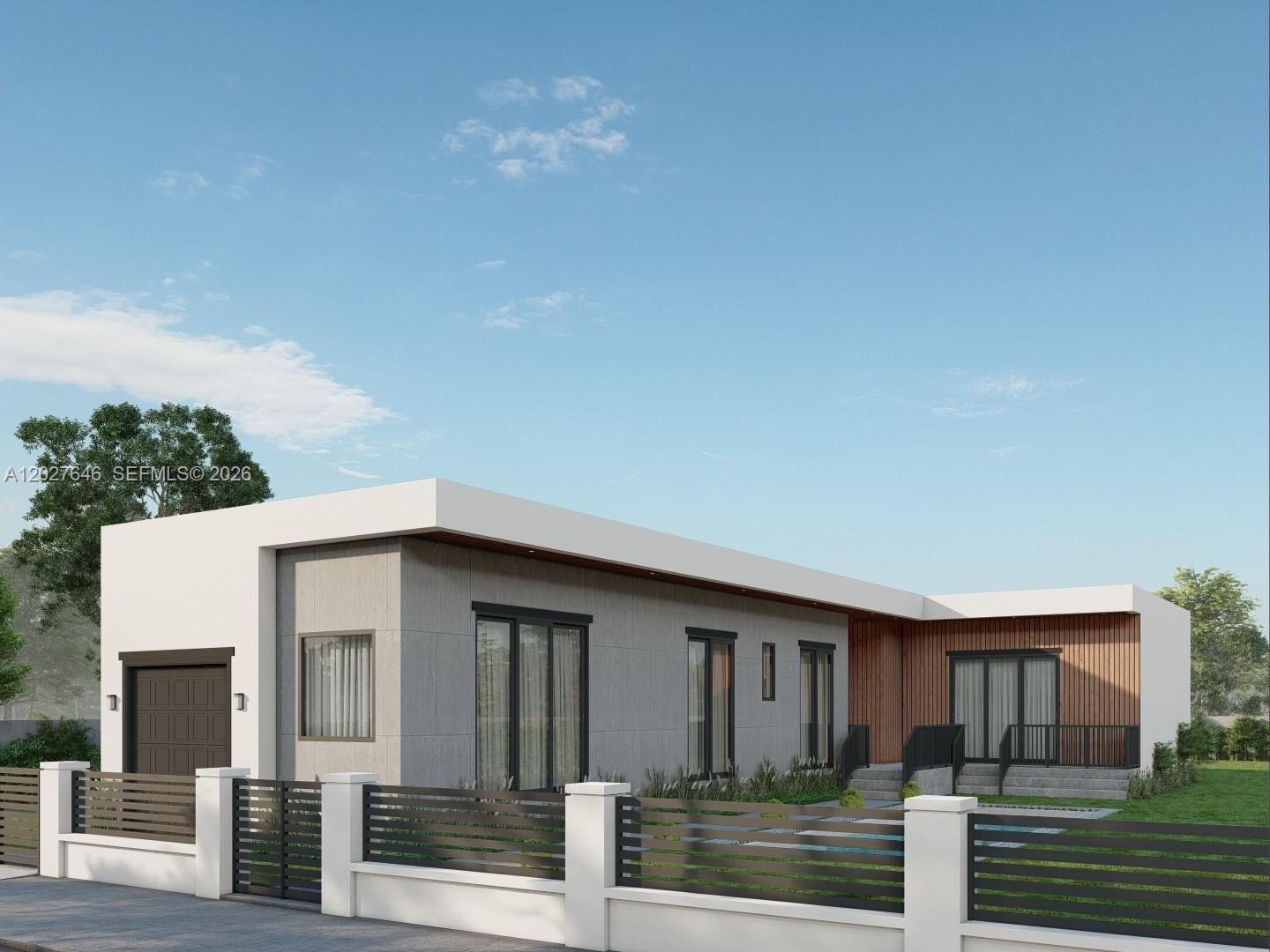 A digital rendering of a modern, single-story house with gray and wood-paneled exterior walls — 347 NW 43rd St, Miami FL 33127, MIAMI, FL