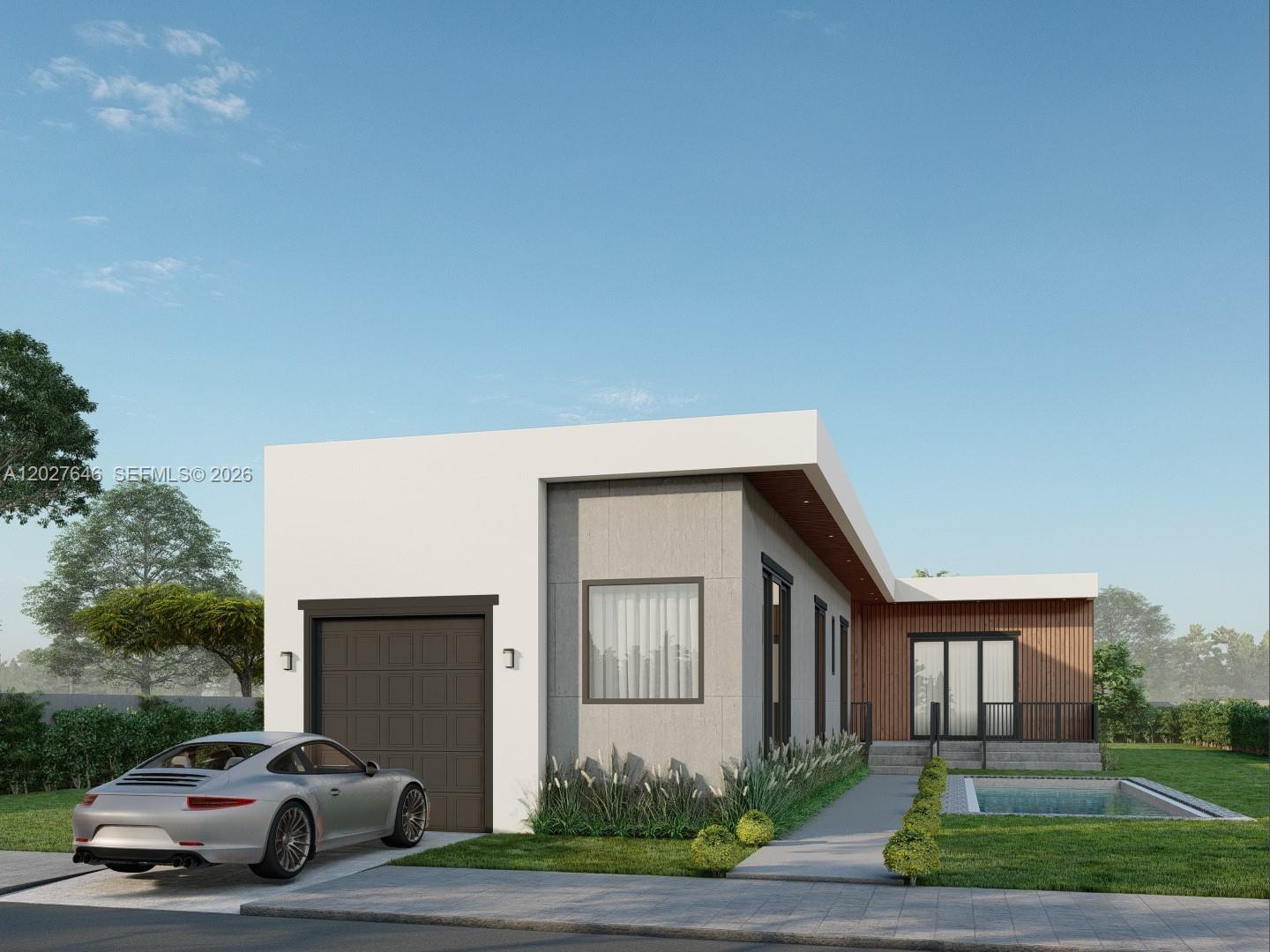 This architectural rendering shows a modern single-story house with a garage and a swimming pool — 347 NW 43rd St, Miami FL 33127, MIAMI, FL
