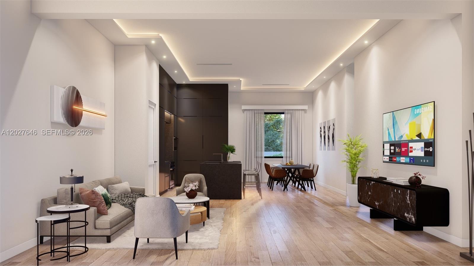 This rendering shows an open-concept living and dining area with modern dark cabinetry and flooring — 347 NW 43rd St, Miami FL 33127, MIAMI, FL