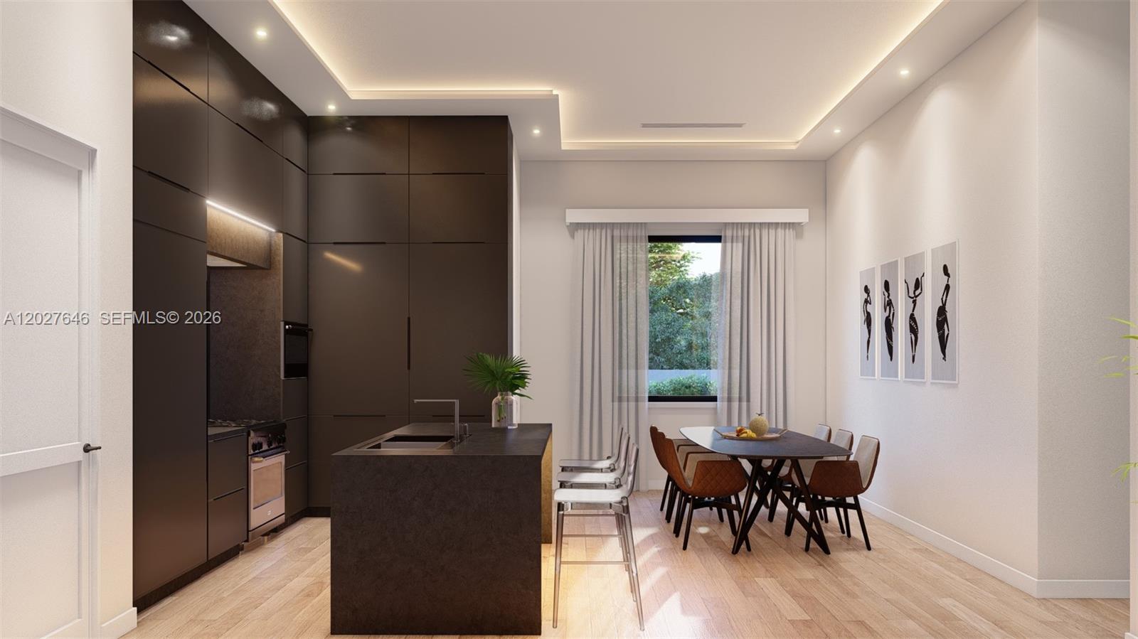 This rendering shows a modern kitchen and dining area with dark cabinetry and wood flooring — 347 NW 43rd St, Miami FL 33127, MIAMI, FL
