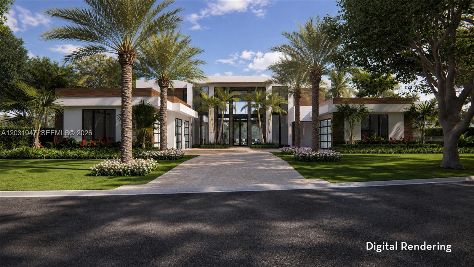 A digital rendering of a modern luxury house with a paved driveway and palm trees — 404 Mariner Dr, Jupiter FL 33477, JUPITER, FL