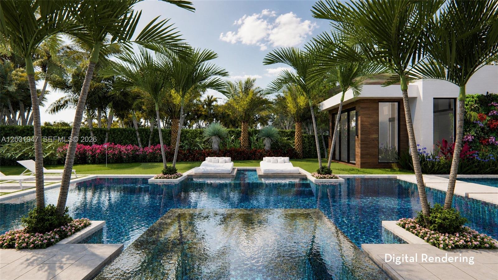 This digital rendering shows a swimming pool with lounge chairs and palm trees outdoors — 404 Mariner Dr, Jupiter FL 33477, JUPITER, FL