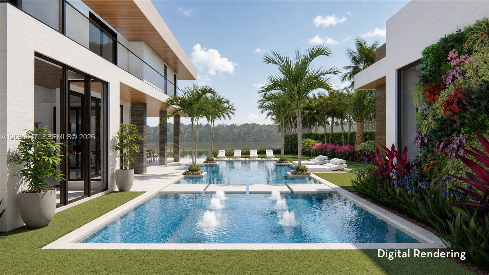 A digital rendering of a modern house exterior featuring a multi-level pool with fountains — 404 Mariner Dr, Jupiter FL 33477, JUPITER, FL