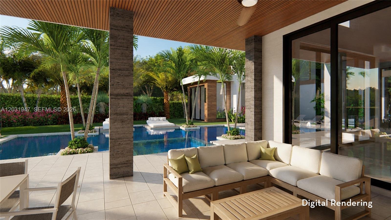 This digital rendering shows a covered patio with outdoor seating overlooking a swimming pool — 404 Mariner Dr, Jupiter FL 33477, JUPITER, FL