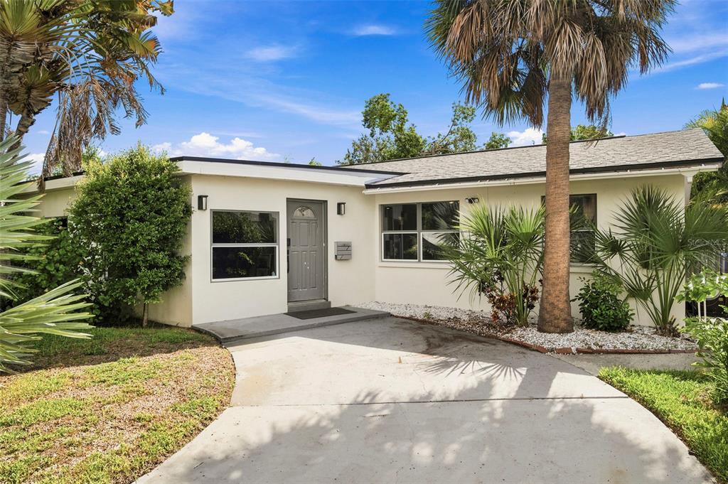 A single-story house with a concrete driveway, gray front door, and palm trees — 3947 HUNTINGTON STREET NE, ST PETERSBURG, FL