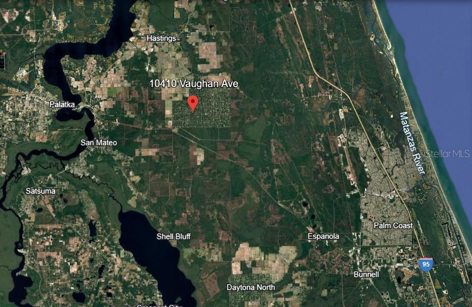 This is a satellite map showing the location of a property near Palatka, Florida — 10410 VAUGHAN AVENUE, HASTINGS, FL