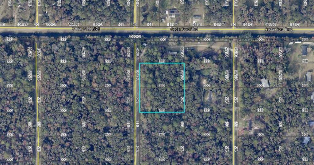 This is an aerial map showing a rectangular plot of land outlined in blue — 10410 VAUGHAN AVENUE, HASTINGS, FL