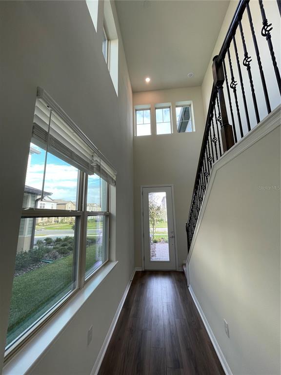 A bright entryway features wood-look flooring, a tall staircase with iron railings, and large windows — 3323 MONROE MEADOWS DRIVE, ODESSA, FL