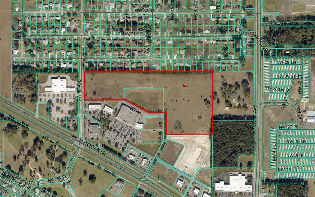 This is an aerial map showing a large, undeveloped rectangular parcel of land — 2785 NW 49TH AVENUE, OCALA, FL