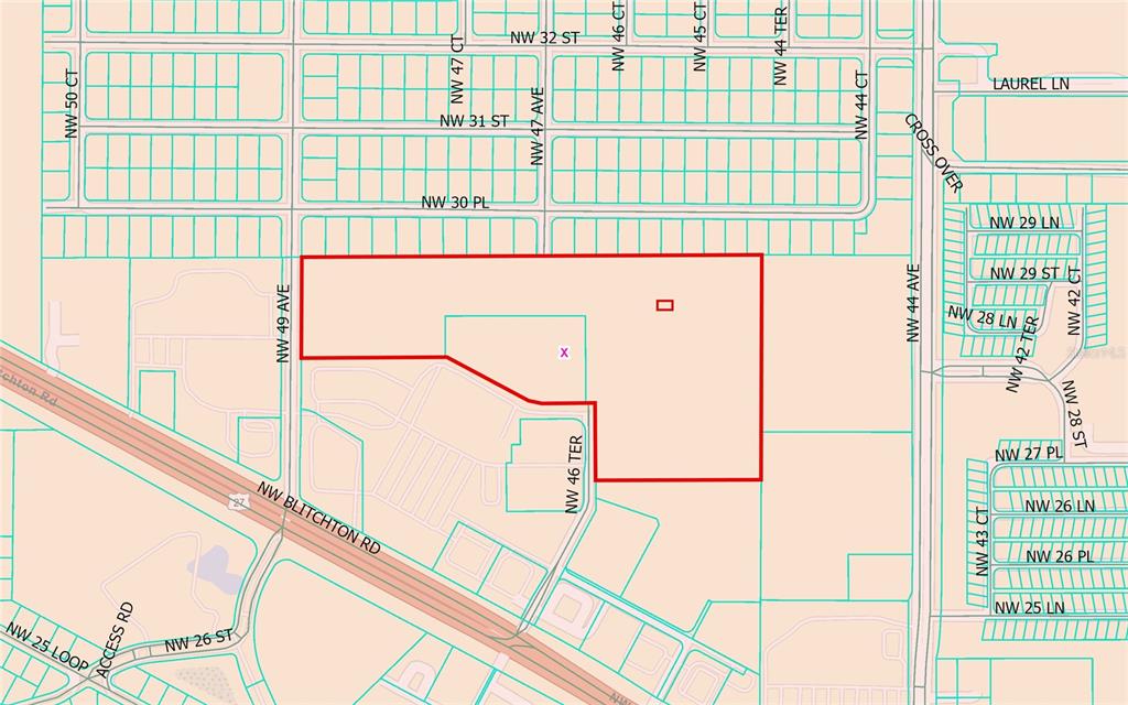 This is a map showing a large, irregularly shaped property outlined in red — 2785 NW 49TH AVENUE, OCALA, FL