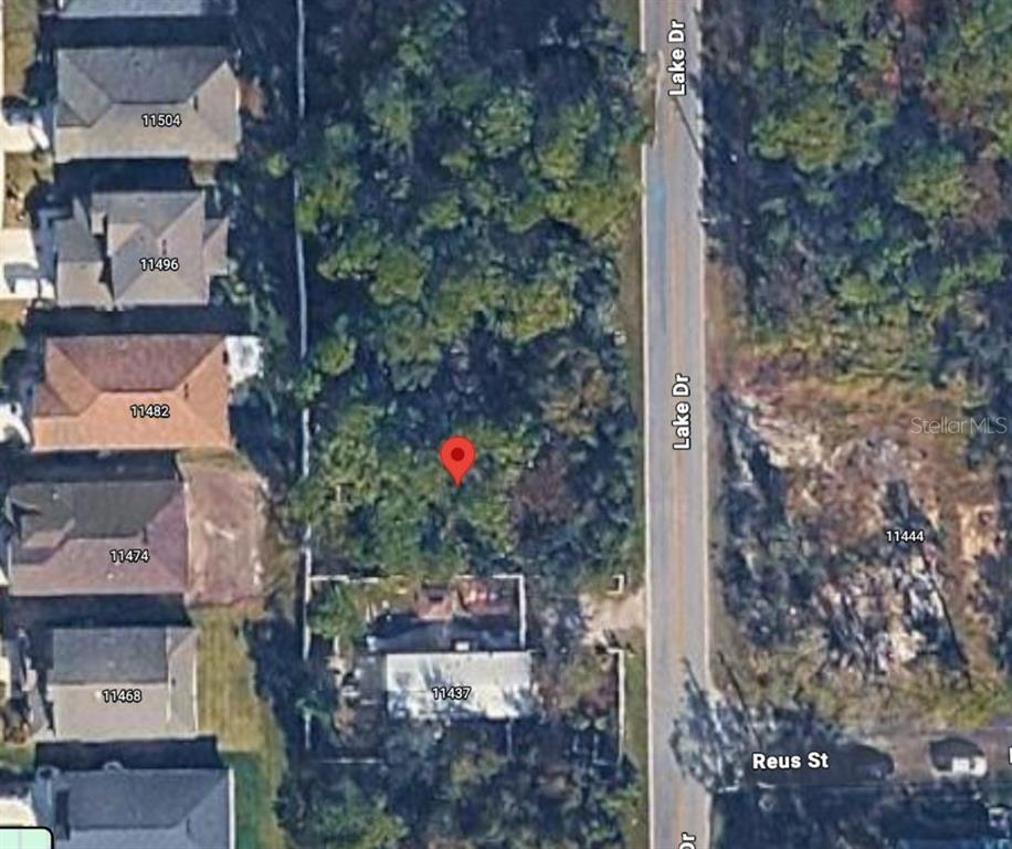 This aerial map shows a vacant, wooded lot situated between residential houses and a road — LAKE DRIVE, NEW PORT RICHEY, FL