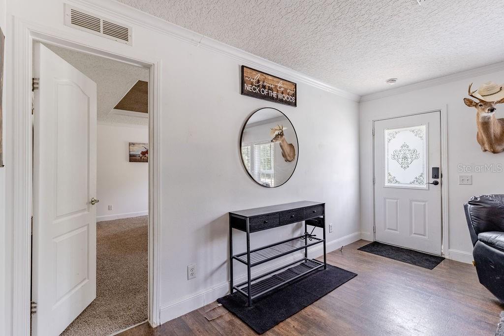 An entryway features a console table, a round mirror, and a deer mount on the wall — 24821 OLD DEER ROAD, PAISLEY, FL