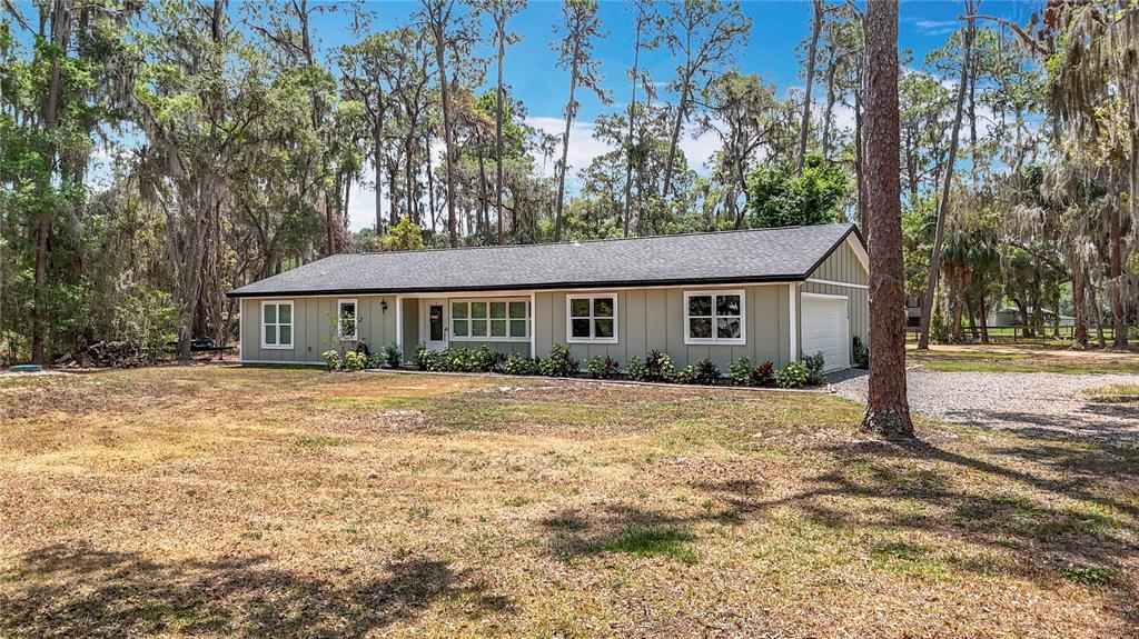 A single-story house with light green siding and a dark shingled roof sits among trees — 7374 CIRCLE DRIVE, LADY LAKE, FL