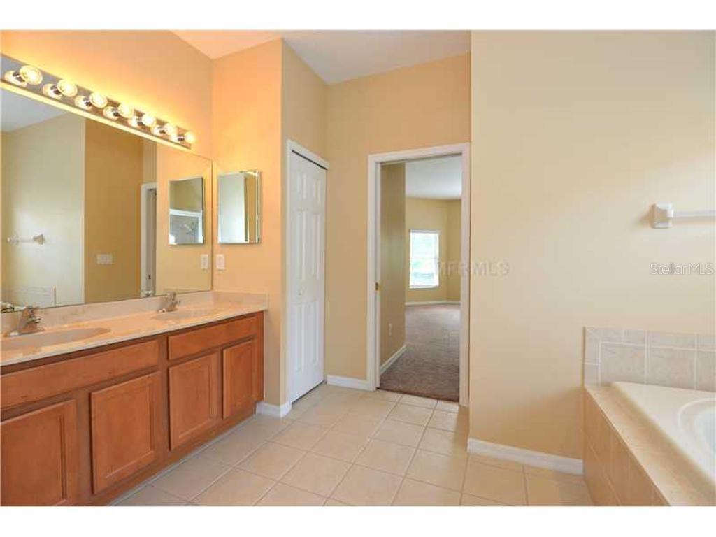 A bathroom features a double vanity with wood cabinets, a large mirror, and a tub — 3132 SAGO POINT COURT, LAND O LAKES, FL