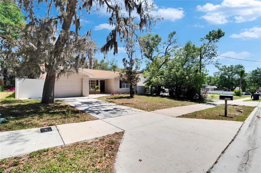 A single-story house with a two-car garage and a concrete driveway under large trees — 9613 N 46TH STREET, TAMPA, FL