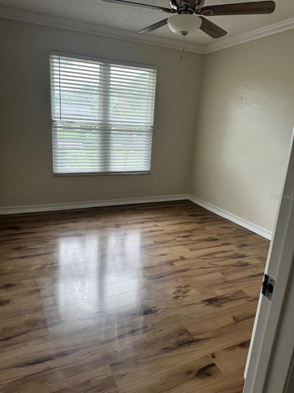 An empty bedroom features wood-look flooring, a ceiling fan, and a window with white blinds — 3306 LAKE SAXON DRIVE, LAND O LAKES, FL