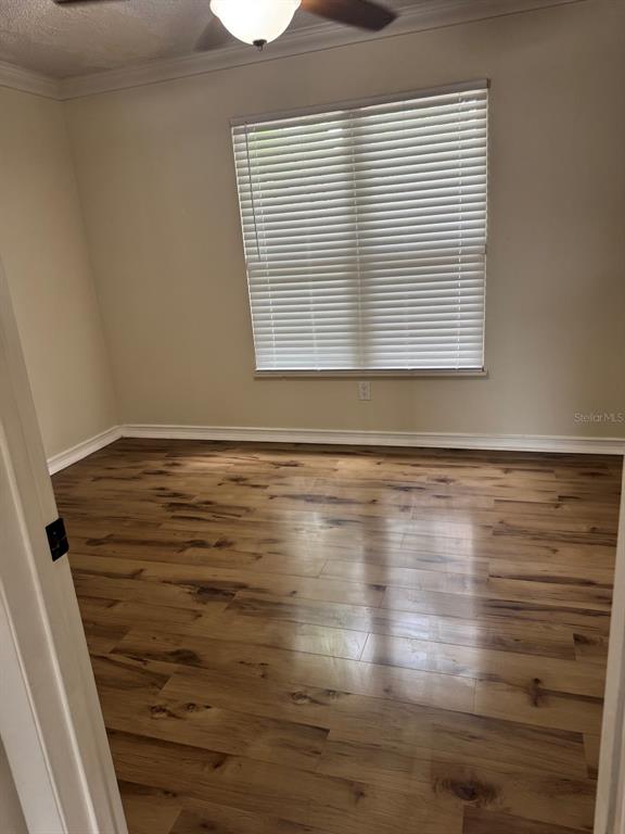 An empty room features light-colored walls, crown molding, and wood-look flooring with a window — 3306 LAKE SAXON DRIVE, LAND O LAKES, FL