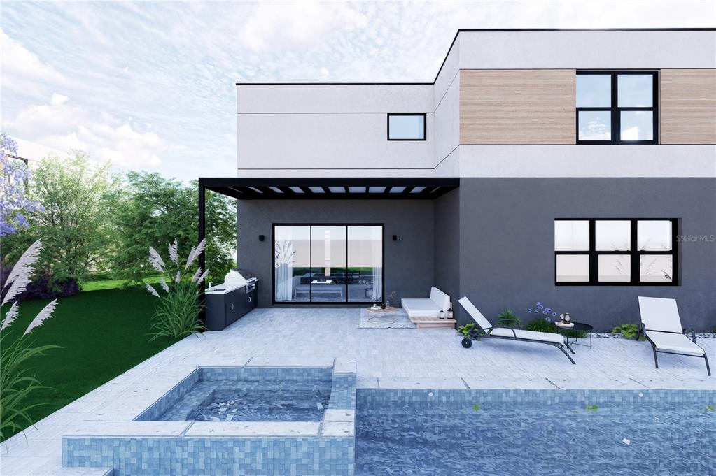 This is a rendering of a modern house exterior featuring a patio, pool, and spa — 5750 CYRILS ROAD SF LOT 44, ST CLOUD, FL