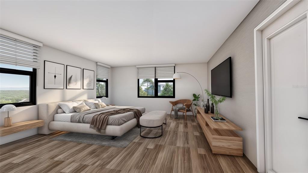 This is a digital rendering of a modern bedroom with wood floors and neutral decor — 5750 CYRILS ROAD SF LOT 44, ST CLOUD, FL