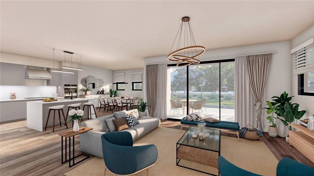 This rendering shows an open-concept living room and kitchen with modern furniture and sliding doors — 5750 CYRILS ROAD SF LOT 44, ST CLOUD, FL