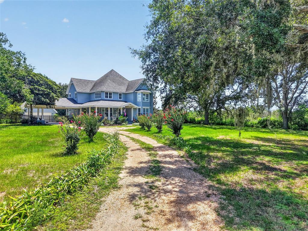 A blue two-story house with a gravel driveway sits on a large, tree-filled grassy lot — 17730 COUNTY ROAD 448, MOUNT DORA, FL