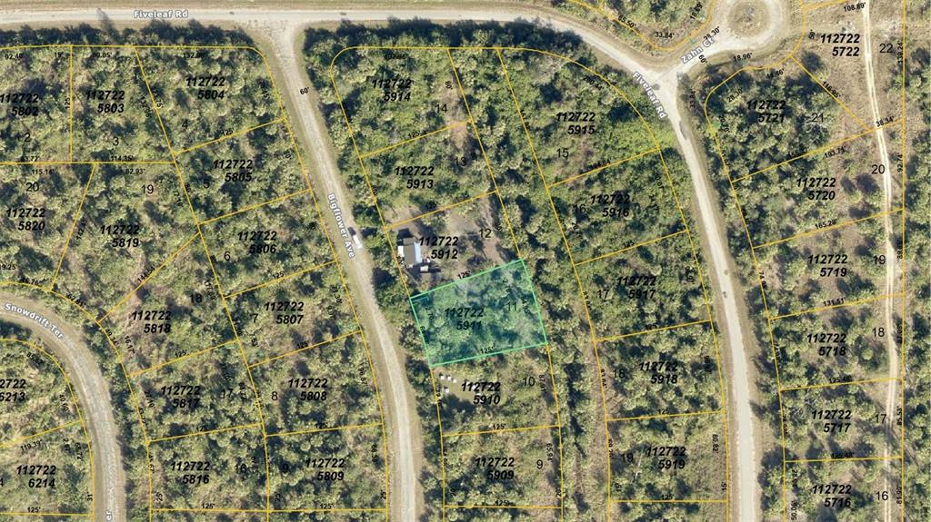 This is an aerial map showing residential land parcels and roads in a wooded area — BIGFLOWER AVENUE, NORTH PORT, FL