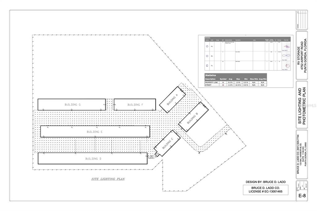 This is a site lighting and photometric plan for an RV storage facility — 25155 AIRPORT ROAD UNIT D2, PUNTA GORDA, FL