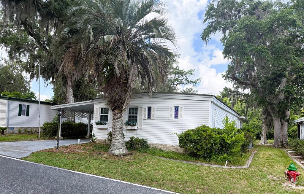 A white mobile home with a palm tree and a fire hydrant in the yard — 127 ROYAL PALM DRIVE, LEESBURG, FL