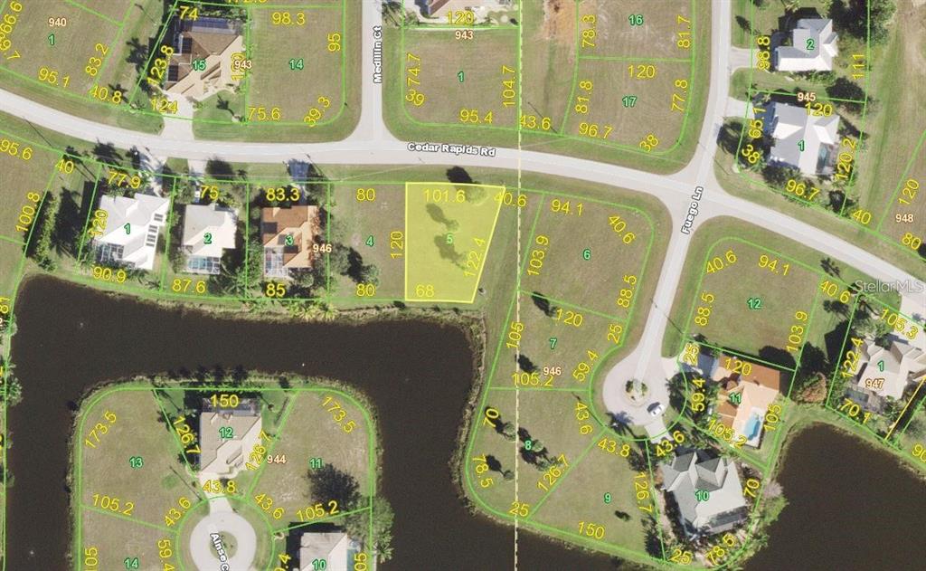 This is a map showing property lot lines and dimensions for a residential neighborhood — 23999 CEDAR RAPIDS ROAD, PUNTA GORDA, FL