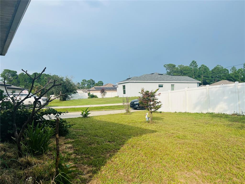 A grassy backyard features a white vinyl fence, a small tree, and neighboring houses — 231 ELM COURT, KISSIMMEE, FL