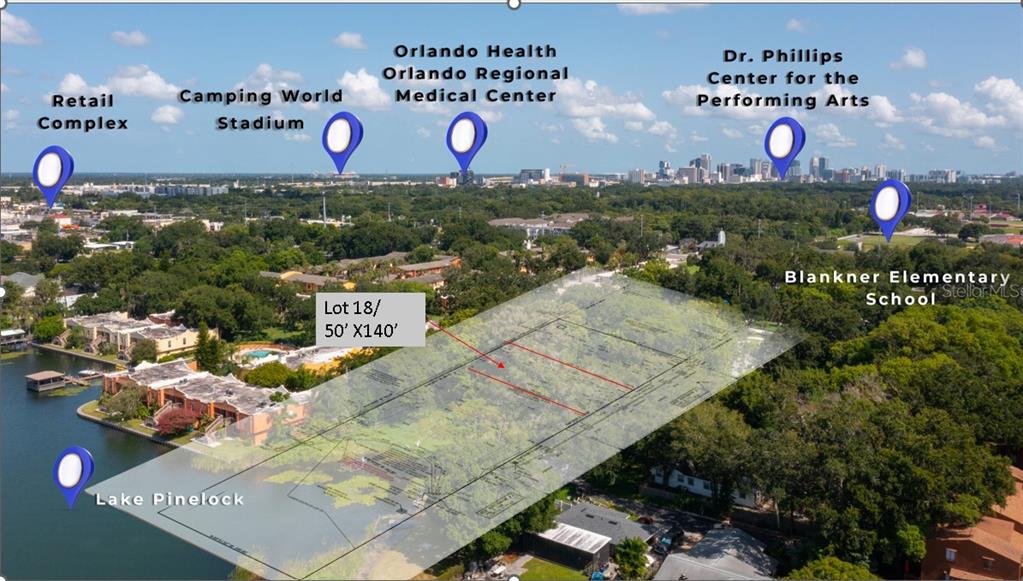An aerial view shows a vacant lot with a property boundary overlay near Lake Pinelock — KEYSTONE DRIVE Lot 18, ORLANDO, FL