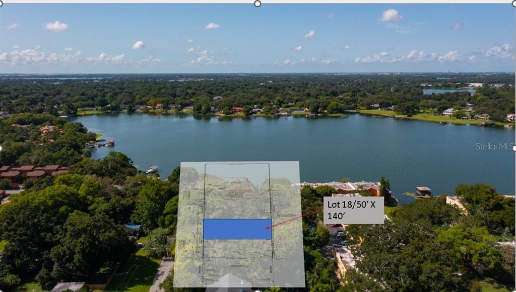 An aerial view shows a lakefront property with a highlighted rectangular lot overlay — KEYSTONE DRIVE Lot 18, ORLANDO, FL
