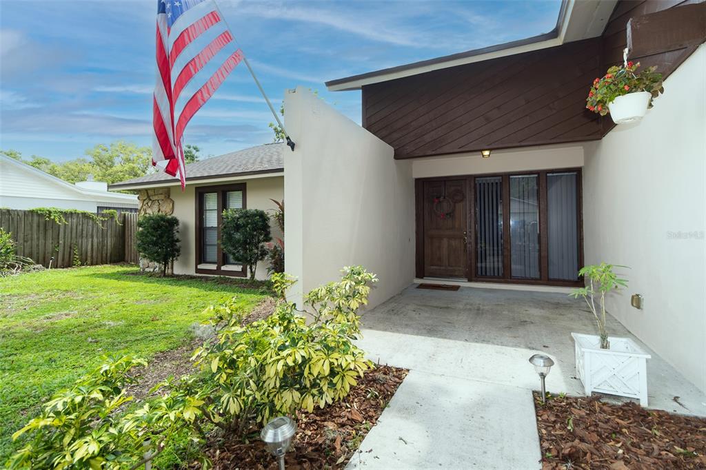 The exterior of a house features a concrete walkway, a wooden front door, and an American flag — 1005 TRANQUIVIEW LANE, VALRICO, FL