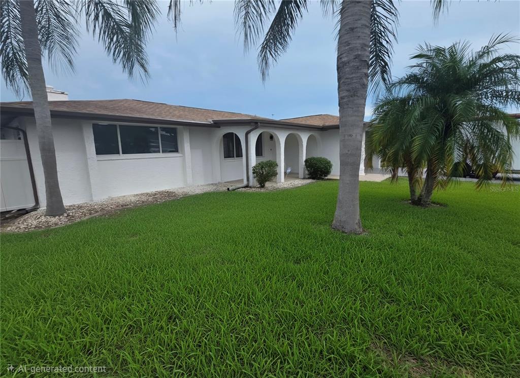 A white single-story house with a brown roof and arched entryway sits behind palm trees — 8948 SAINT REGIS LANE, PORT RICHEY, FL