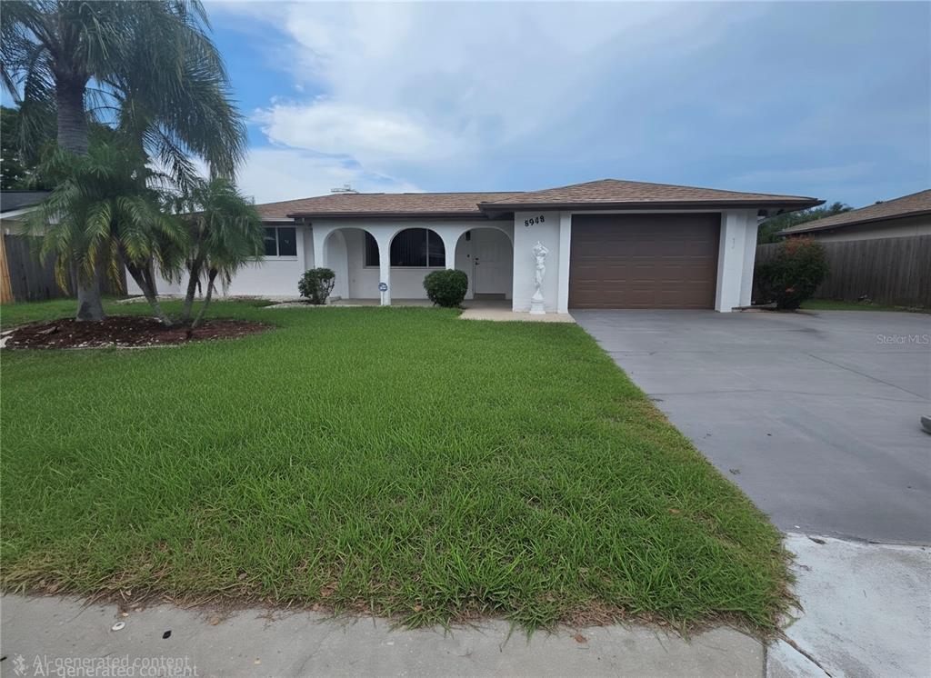 A single-story house with a white exterior, arched entryway, and a brown garage door — 8948 SAINT REGIS LANE, PORT RICHEY, FL