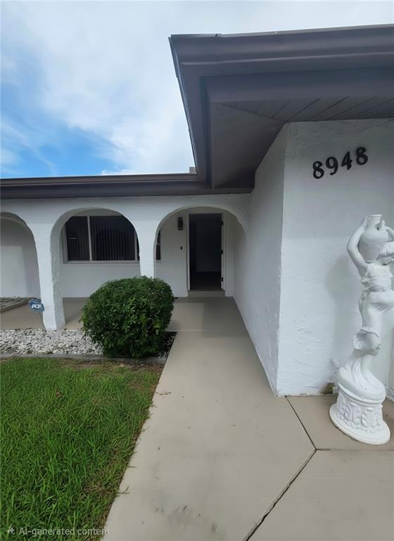 The exterior of a white house features arched entryways, a concrete walkway, and a statue — 8948 SAINT REGIS LANE, PORT RICHEY, FL
