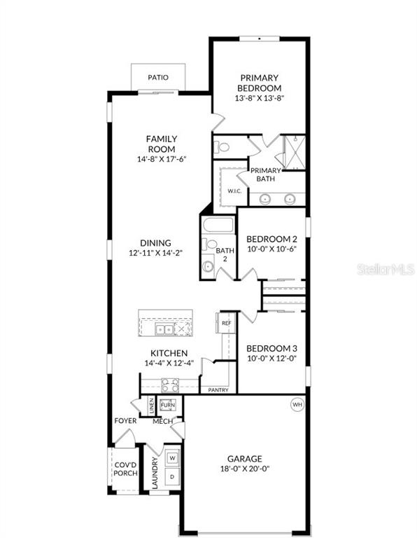 This is a floor plan for a three-bedroom home with an attached two-car garage — 936 CASTLEFORD AVENUE NE, PALM BAY, FL