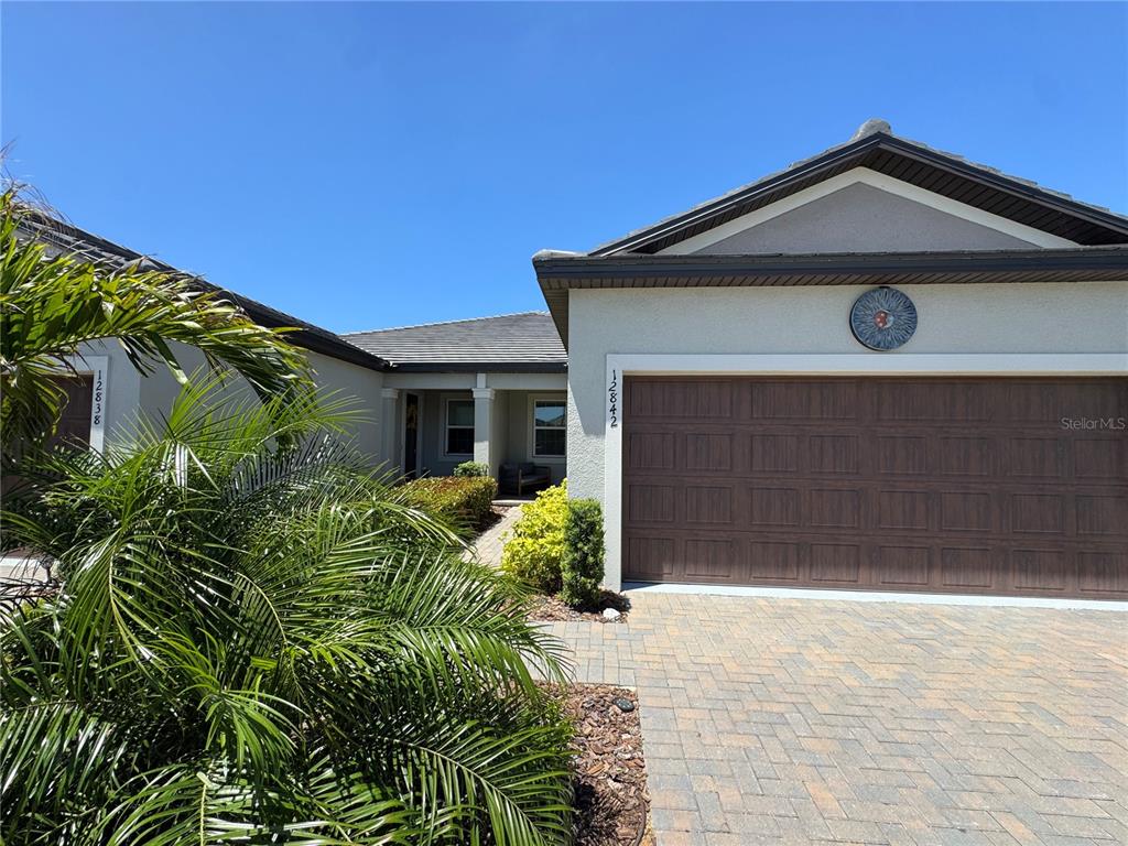 A single-story house features a brown garage door, a paved driveway, and a palm tree — 12842 LILY QUARTZ LOOP, PARRISH, FL