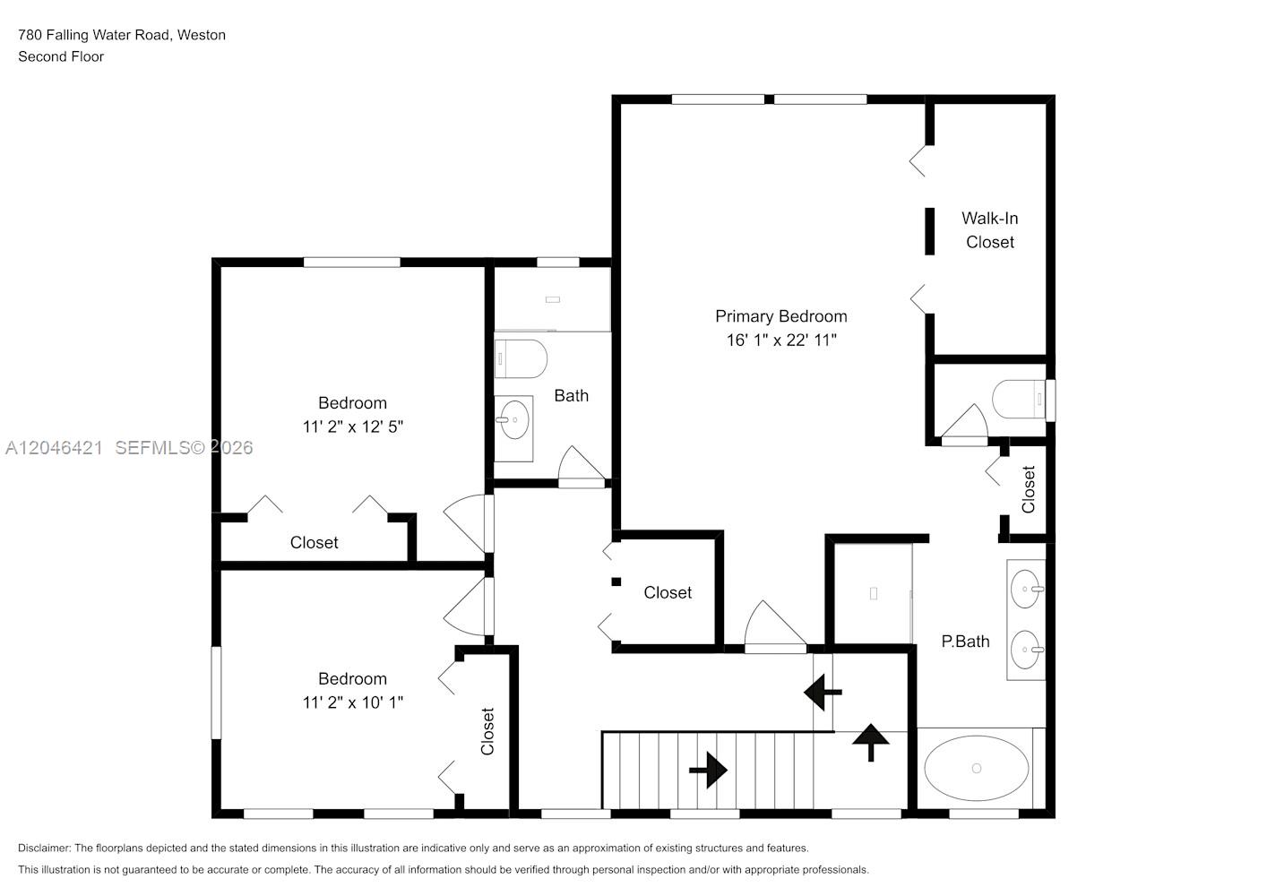 This is a floor plan of a second-floor layout featuring three bedrooms and three bathrooms — WESTON, FL