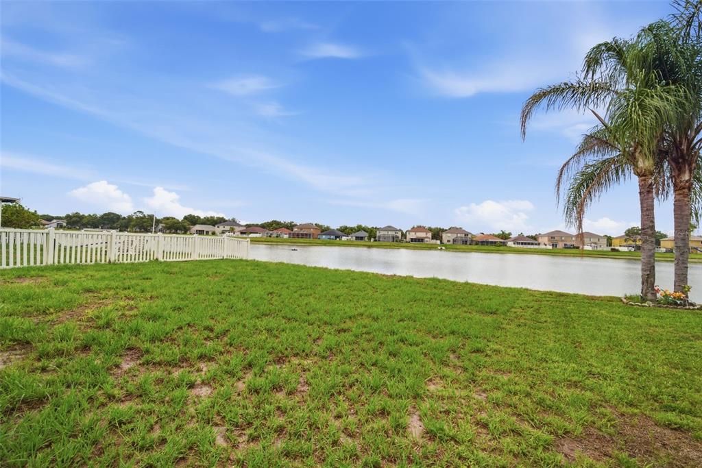A grassy backyard overlooks a pond with houses in the background and a palm tree — 10604 LAKESIDE VISTA DRIVE, RIVERVIEW, FL