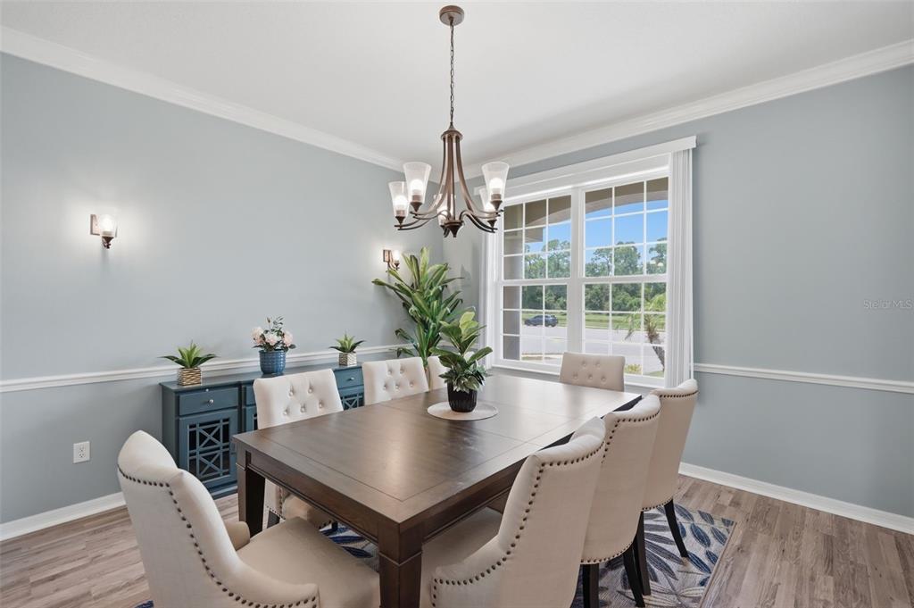 A dining room features a dark wood table, upholstered chairs, and a central chandelier — 9307 PARISIAN COURT, SEFFNER, FL