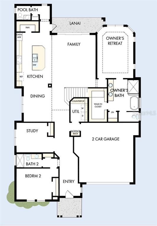 This floor plan shows a single-story home with two bedrooms, a study, and a garage — 3627 BOBOLINK LANE, ORLANDO, FL